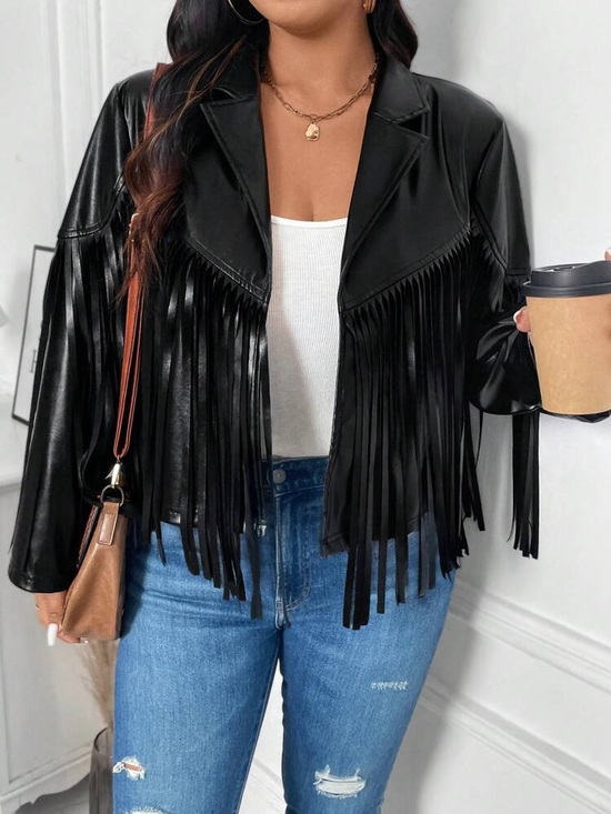 Jackets & Blazers - Womens Black Fringe Faux Leather  Jacket boho blazer
